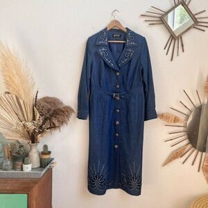 Vintage 80s WHY Womens Jean Denim Western Bedazzled Studded Midi Shirt Dress 8